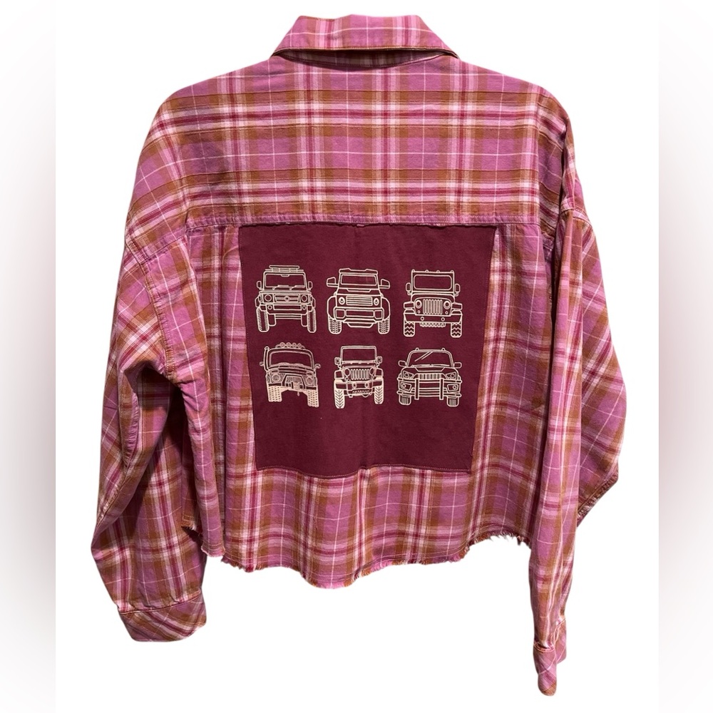 Upcycled Jeep Graphic T-Shirt/Frayed Wild Fable Pink and Red Plaid Shirt -Large